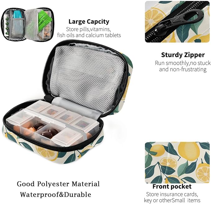 Fustylead Vintage Lemon and Leaves Decor Pill Organizer Case with Zipper 2 Times A Day for Vitamin and Supplement, 7 Day Travel Organizer Medicine Case