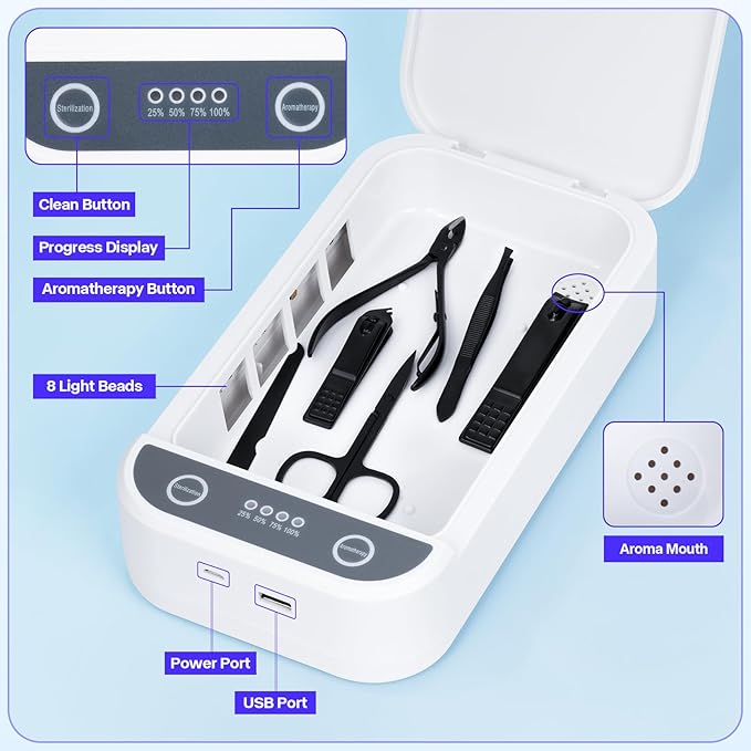 Sterilizer Box for Nail Tools & Phone Accessories-USB-Powered Portable Cleaning Box for Scissors, Jewelry, Tweezers - Manicure Salon & Home Use Sterilization Machine