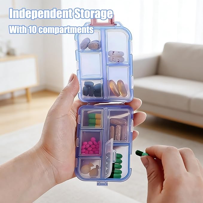 Travel Pill Organizer, 10 Compartments Pill Cases Waterproof Plastic Pill Box Small Medicine Organizer with Buckle Lock Weekly Portable Medicine Container for Purse(Blue)
