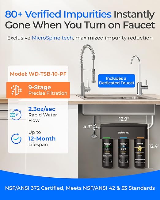 Waterdrop TSB-10-PF Under Sink Water Filter, 𝐑𝐞𝐝𝐮𝐜𝐞𝐬 𝟖𝟎+ 𝐈𝐦𝐩𝐮𝐫𝐢𝐭𝐢𝐞𝐬-PFAS, Chlorine, Chloramine, Fluoride, Taste&Odor, 9 Layer Under Sink Water Filtration System,with A Extra Faucet