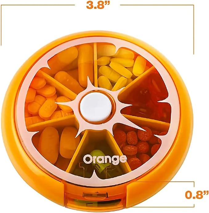 Rotating Daily Pill Dispenser. Weekly 7 Compartments Large Medicine Pill Organizer. (Orange). 2 Units Pack