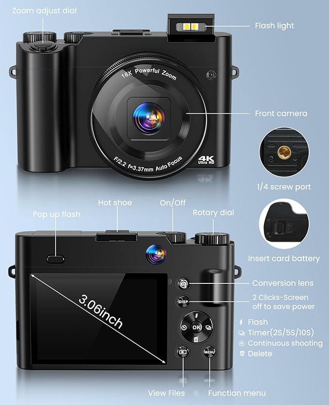 4K Digital Camera for Photography Autofocus, 64MP Dual-Lens Vlogging Camera for Video Anti-Shake, 3'' Selfie Flip Travel Cameras for YouTube, 16X Zoom Digital Camera with Flash Dial Battery Stand