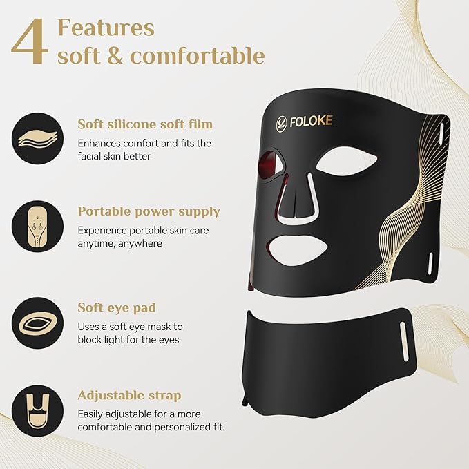 LED Light Therapy Mask Skin Care Mask, LED Red 630±5nm & NIR 830nm Wavelength for Home Use（Advanced Black）
