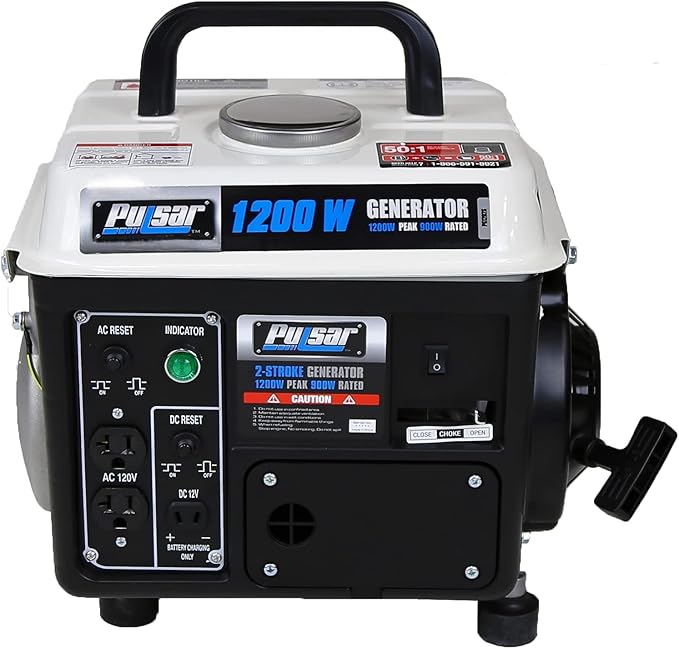 Pulsar 1,200W Carrying Handle, PG1202SA Gas-Powered Portable Generator, 1200W, Black/White