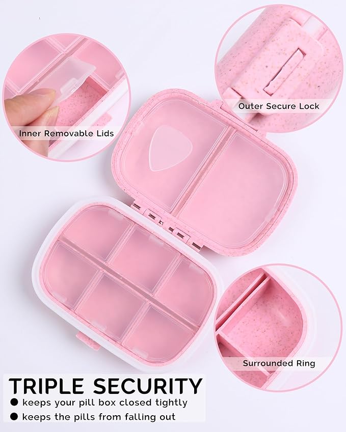8 Compartments Travel Pill Organizer, Daily Pill Case Small Pill Box for Pocket Purse, Portable Pill Container Medicine Vitamin Organizer (Pink)