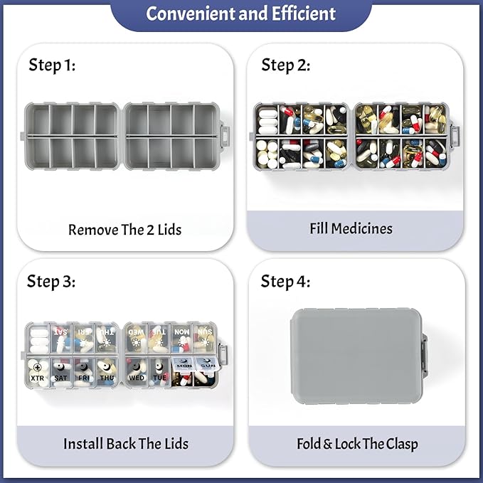 Foldable Weekly Pill Organizer 2 Times a Day with 2 Extra Compartments (Clear Printed Labels) - Portable 7 Day AM PM Medicine Box, Week Daily Travel Pill Case Holder for Vitamin, Supplement - Grey