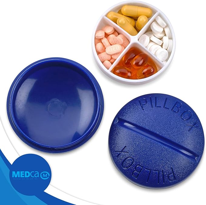 Small Pill Boxes - Pack of 2 - Mini Compact Round Portable 4 Compartment Travel Pills Case Organizer, Vitamin and Medication Dispenser Holder for Up to 4 Times a Day, BPA Free Pill Reminder
