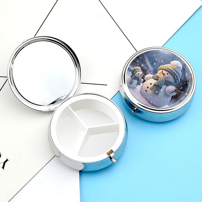 Winter Snowman Pill Case 3 Compartment Portable Pill Box Daily Round Pill Organizer for Pocket Purse Daily Medicine Container to Hold Vitamins Fish Oil Travel Gifts