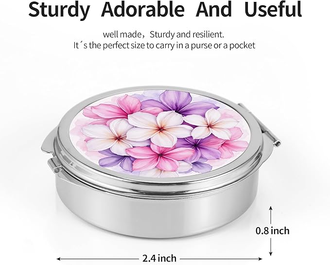 Dynippy Pill Case Pill Box with Mirror Pocket 3 Compartment Medicine Case Vitamin Pill Organizer for Pocket Purse and Travel (Round, Silver-BloomBurst)