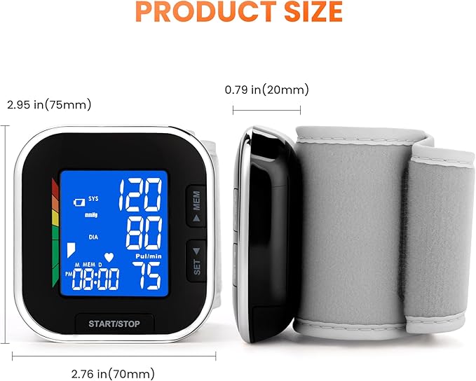 Blood Pressure Monitor Adjustable Wrist Cuff LCD Backlit Display BP Machine for Home Use Stores Up to 60 Readings Batteries Included with Carrying Case, Black