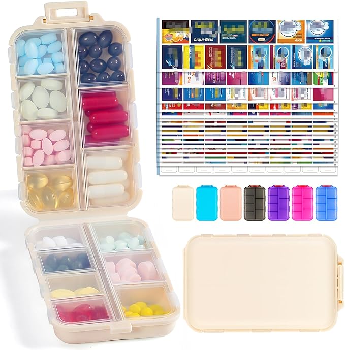 Travel Pill Organizer with Bulk Stickers & Labels - Small & Portable Week Daily Medicine Pharmacy for Pocket, Bag - 14-Compartment Foldable Supplement Box Holder for Fish Oil Vitamin - Khaki