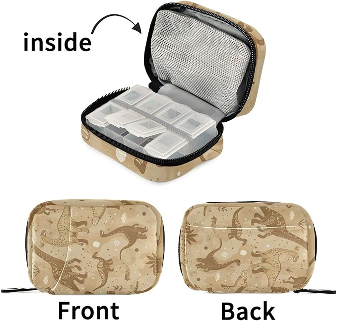 Retro Brown Dinosaur Floral Leaves Travel Pill Organizer Case Box Container Weekly Portable Vitamin Medicine Holder Storage Bag with Zipper Removable