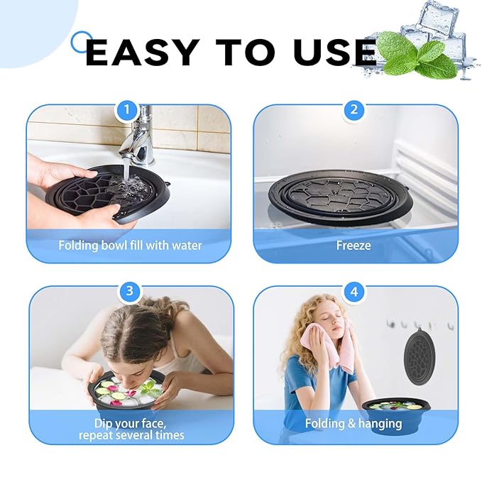 Face Bowl for Ice with Built-in Icetray, Foldable Silicone Facial Plunge Bowls, for Home Ice Bath Washbasin, Black