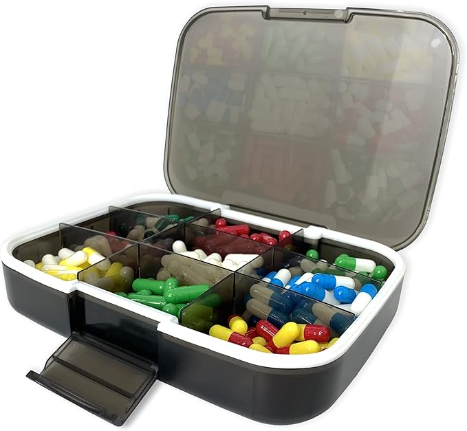 Large Pill Organizer, 7.7x5.7 Travel Vitamin Box Lightproof 9 Compartments Portable Pill Cases Supplements Dispenser Moisture Proof Pill Holder Medicine Container