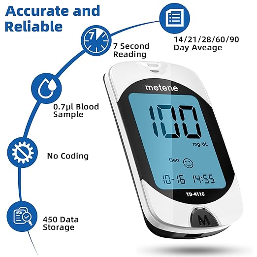 Metene TD-4116 Blood Glucose Monitor Kit, 100 Glucometer Strips, 100 Lancets, 1 Blood Sugar Monitor, Blood Sugar Test Kit with Control Solution, Lancing Device, No Coding, Large Display
