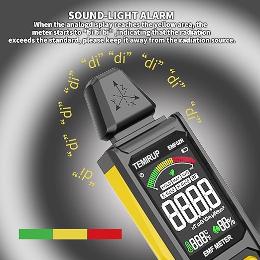 EMF Detector, 5-in‑1 Portable EMF Meter and Radiation Detector for RF, EF, MF, Temp, Humidity, WiFi Signal– Rechargeable EMF Reader with 3-Color Sound‑Light Alarm for Home,Office,Ghost Hunting