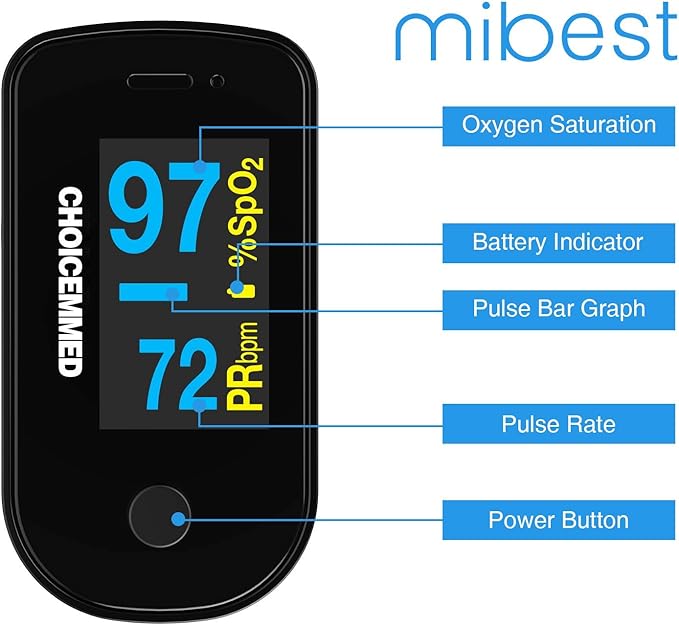 CHOICEMMED Black Dual Color OLED Finger Pulse Oximeter - Blood Oxygen Saturation Monitor with Color OLED Screen Display and Included Batteries - O2 Saturation Monitor