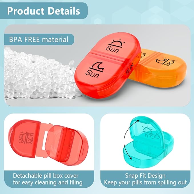Serfeymi Weekly Pill Organizer 2 Times a Day Travel Medicine Pill Organizer AM PM Pill Box 7 Day with Protection Pill Case Daily Medication Organizer For Vitamins, Fish Oil-Clear Case+Rainbow Pill Box