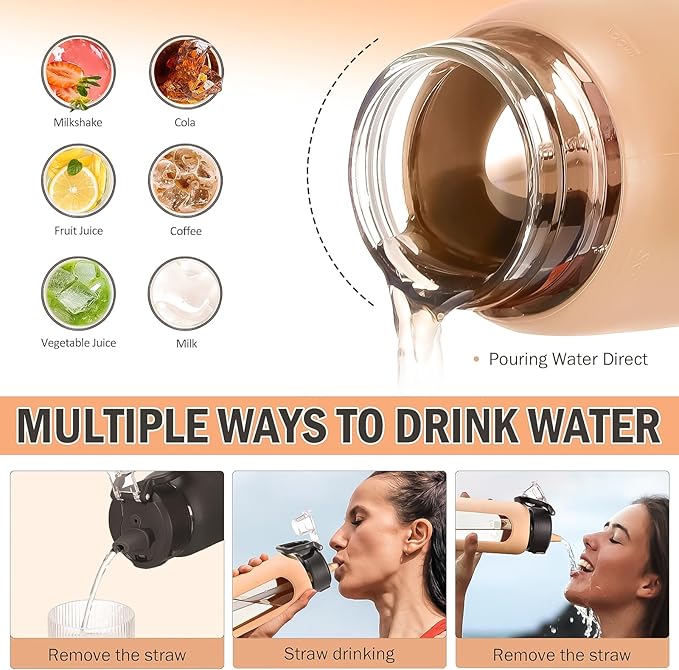Kodrine Water Bottle With Straw and Carry Handle, Glass Water Bottle 24 oz Leak Proof Locking Lid with Soft Silicone Spout, Reusable Drinking Cups for Travel Sports with Time Marker,Amber