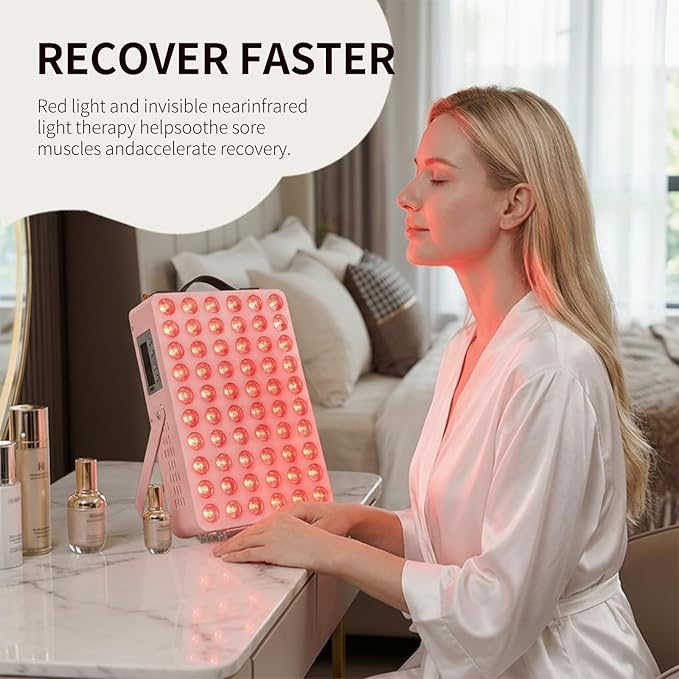 Red Light Therapy for Body, 660nm 850nm Near Infrared Light Therapy Panel with Stand and Handle, 60 Dual Chip LEDs, Ideal Xmas Gift, for Body, Face, Recovery, Sleep, Skin Health, Pink