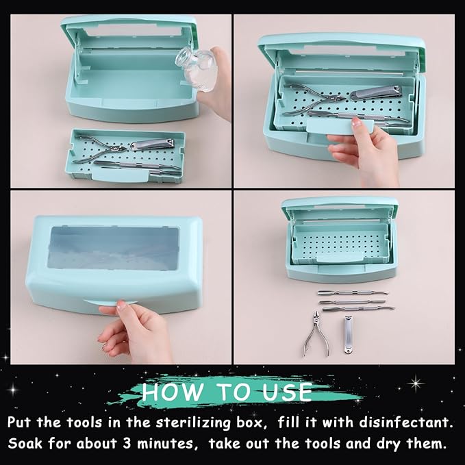 Nail Tool Sterilizer Box Plastic Disinfectant Container for Nail Art Accessories Tools, Hair Salons and Beauty Centers, Sterilizer Soaking Box with Strainer Pedicure Manicure Equipment, Blue