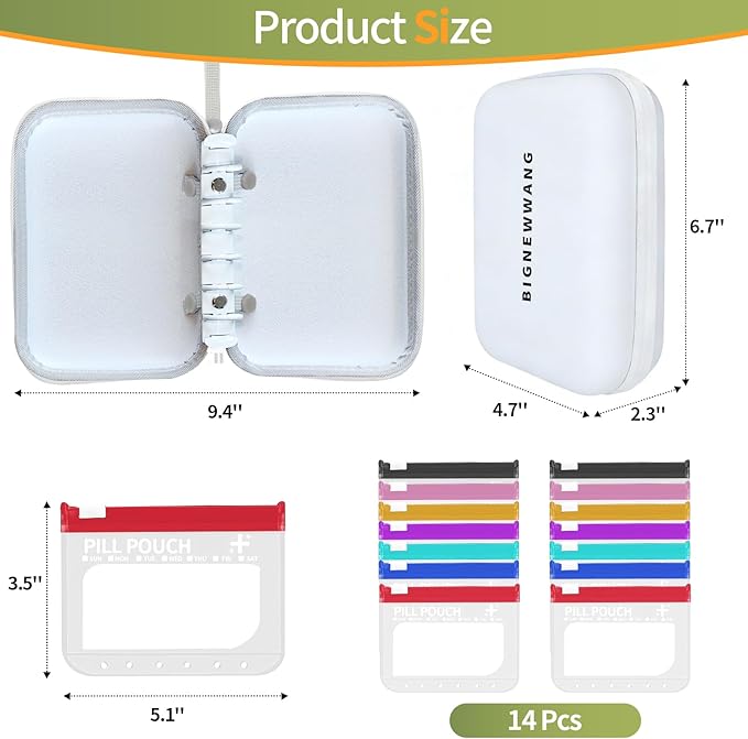 Extra Large Weekly Waterproof Pill Organizer Set, Reusable Pill Bags with 14 Coded AM PM Pouches for Home and Travel, 7 Day Portable Medicine Pill Case for Fish Oils, Vitamins and Daily Meds (White)