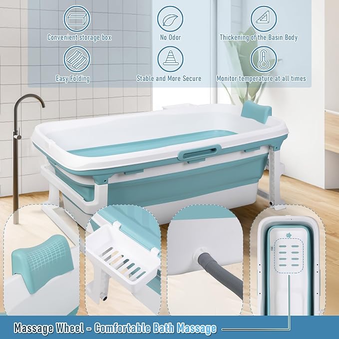 Portable Bathtub, 58/56/50/46 Inch Collapsible Bathtub, Freestanding Foldable for Adults, Folding Tub for Shower, Hot Bath, Ice Bath (Grey-A-130cm)