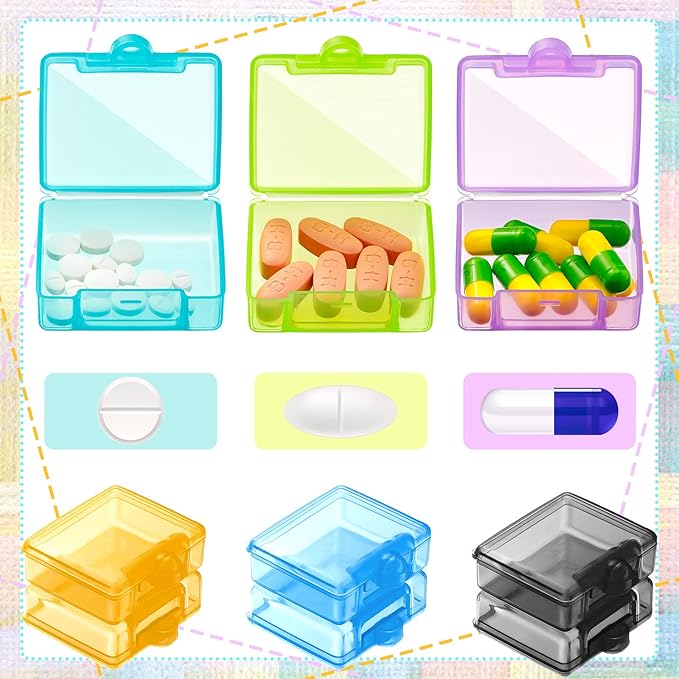 6 Packs Pocket Tiny Pill Case Single Daily Small Pill Container Travel Medicine Holder Cute Portable Personal Medicine Dispensers Organizers for Purse Pills Vitamin Supplements(Assorted Color)