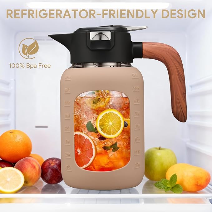 64 oz Glass Pitcher with Lid and Handle, Glass Carafe/Jug for Hot/Cold Water, Large Iced Tea Pitcher for Coffee, Juice and Homemade Beverage