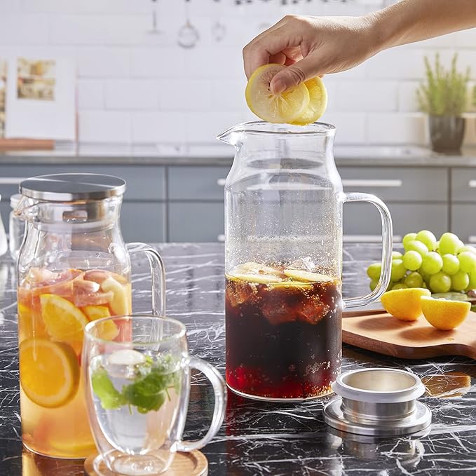 Bivvclaz 2 Pack 2 Liter 68 oz 2.1 Qt Glass Pitcher with Lid and Handle, Water Pitcher for Fridge, Glass Carafe for Hot/Cold Water, Large Iced Tea Pitcher for Coffee, Juice and Homemade Beverage