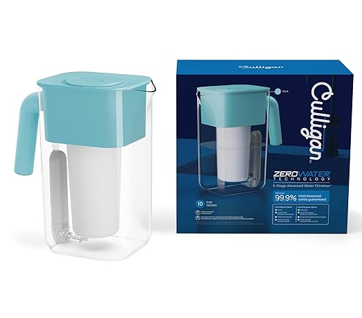 Culligan with ZeroWater Technology 10-Cup Water Filter Pitcher – Includes 5-Stage Advanced Water Filter, IAPMO Certified to Reduce Lead, Total PFAS, Mercury, Fluoride, and Chlorine - Aqua