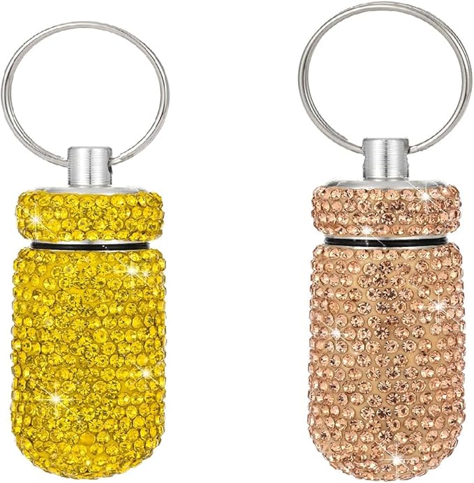 2 Pcs Pill Holder Keychain, Bling Aluminum Medicine Holder Pill Container Mini Size Waterproof and Light Weight Portable Pill Bottle Case (Yellow+Peach)