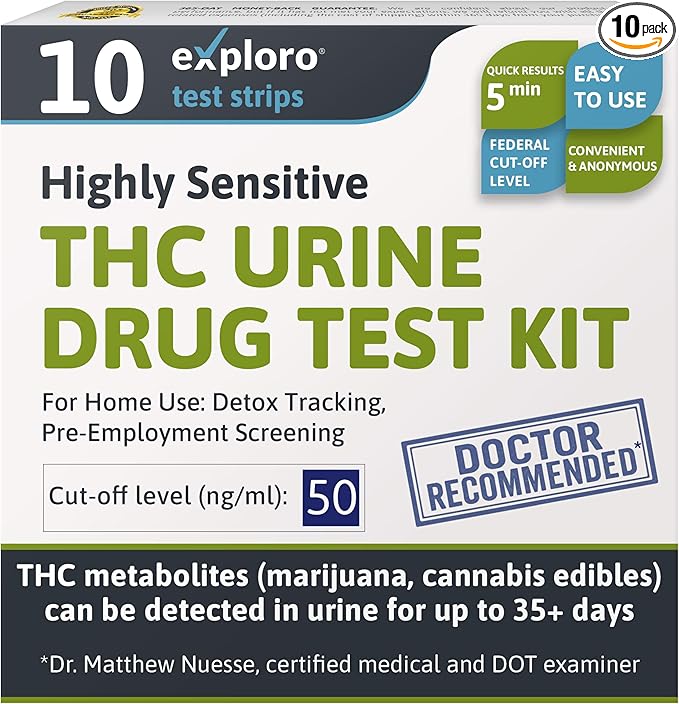 Exploro Marijuana Urine Drug Test Kit (10 Pack) - THC Tests for Home Use - Weed Detox Testing Kits with 50ng/ml Cutoff Level, Ease of Use