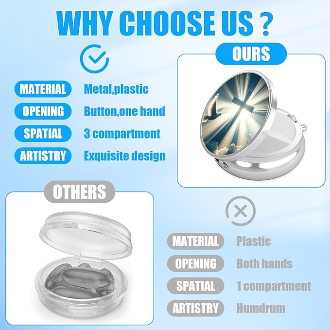 Cross Heaven Pill Case, Blessed Pill Box 3 Compartments Metal Small Pill Holder with Mirror Mini Travel Pill Container for Purse Pocket Women Men