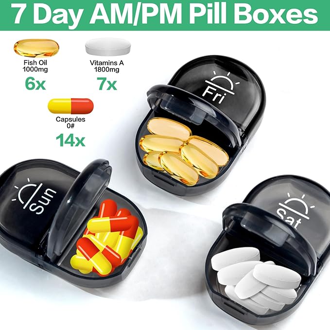Serfeymi Weekly Travel Pill Organizer 2 Times A Day AM PM Upgraded Black Pill Box 7 Day with Portable Zipper Canvas Pill Case, Medicine Organizer for Pills, Vitamins, Supplements, Fish Oils - Black 01