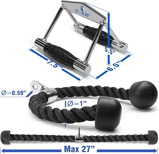 Yes4All Cable Machine Attachment, Row Handles, Tricep Rope, Straight Bar, V Bar, LAT Pulldown Accessories Load 880 LB for Home Gym