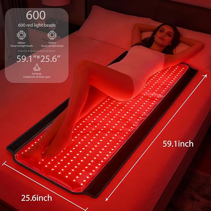 Full Body Red Light Therapy Mat, 59.1"*25.6" Whole Red Light Therapy Blanket with 3 Light Modes & 5 Working Modes, 600 LEDs redlight with 660nm & 850nm for Men, Women, Pets