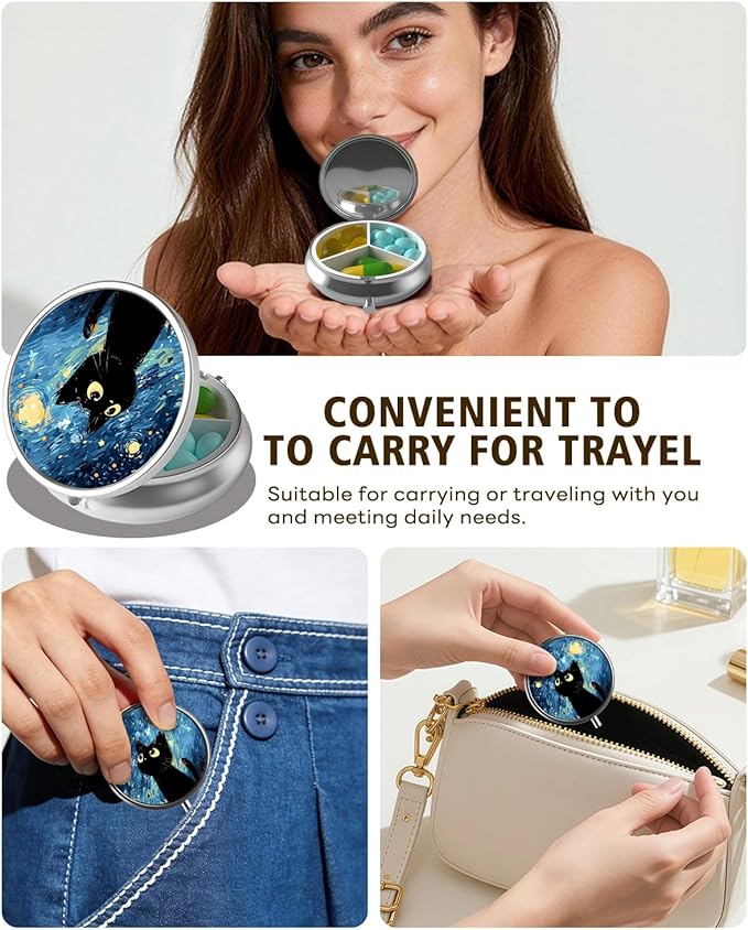 LRITER Pill Case, Portable Travel Pill Box, Pillbox Organizer, Cute Small Medicine Storage Container, Purse Accessories for Women, Men (Pill Case-Starry Sky Cat A)