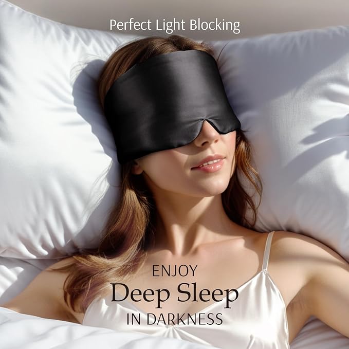 Zenssia 100% Mulberry Silk Sleep Mask Eye Mask for Man and Woman with Adjustable Headband, Full Size Large Sleep Mask & Blindfold for Total Blackout for All Night Sleep, Travel & Nap- Black