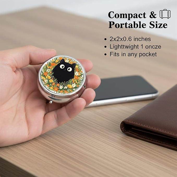 Round Pill Case Small Pill Box with Mirror Pocket 3 Compartment Vitamin Pill Medicine Case Organizer Pill Containers for Traveling Garden Funny Black Cat