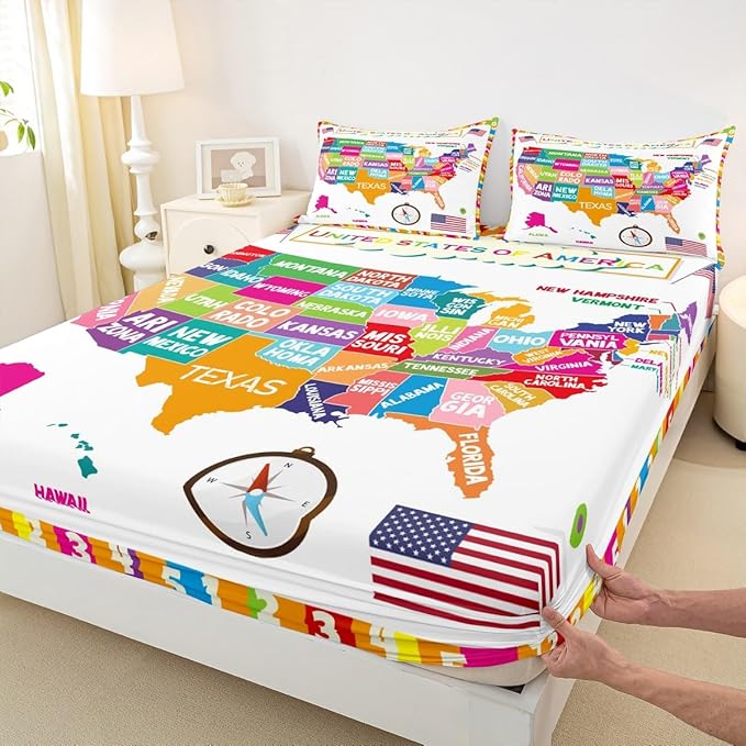 USA Map Fitted Sheet Queen, Geography USA Map Bed Sheet Set for Boys Girls Educational Bedding Set Learning Time Bed Cover 3Pcs (No TOP Sheet)