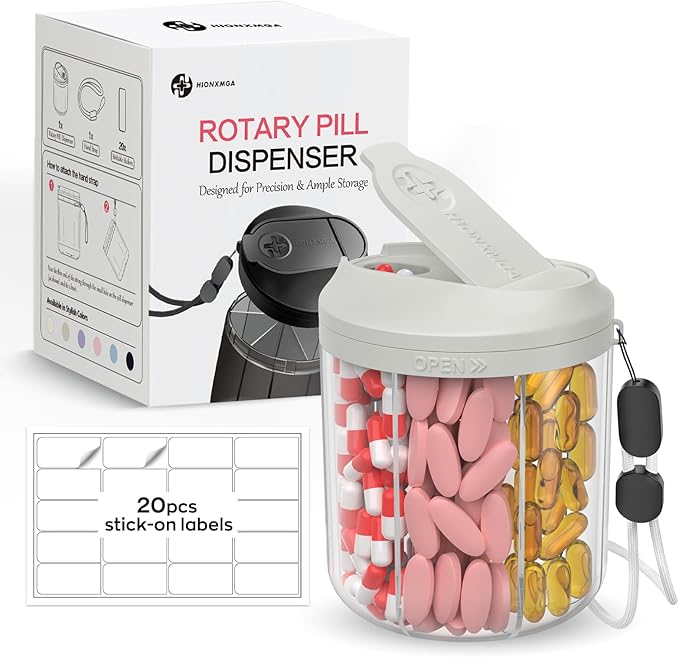 Pill Dispenser with 7 Large Compartments, Pill Bottle Organizer for Travel, Supplement Organizer with Anti-Mixing Design, BPA-Free Pill Container with 20 Pcs Labels, Grey
