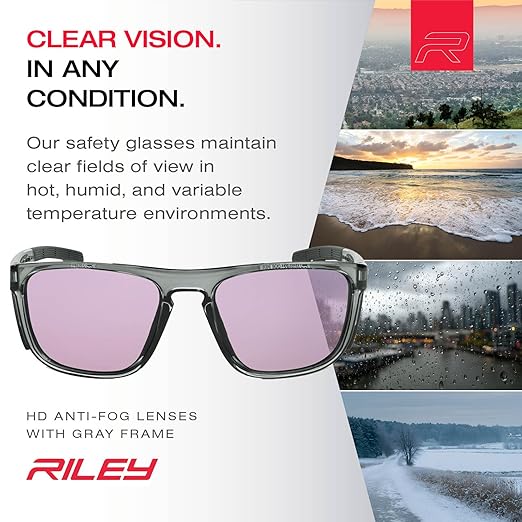 Riley Navigator X Safety Glasses – Anti-Fog, Scratch/Impact Resistant & UV Blocking HD Lenses, Lightweight Full-Frame for Work, Outdoors, & Active Lifestyles, Gray