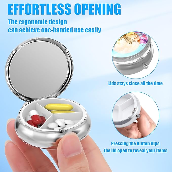 Watercolor Dragonfly Pill Case, Pill Box 3 Compartments Metal Small Pill Holder with Mirror Mini Travel Pill Container for Purse Pocket Women Men