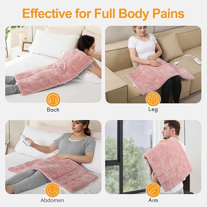 Weighted Heating Pad with 2 Massager 4.85Lbs,18"x33" X-Large Heated Pad for Back Pain Relief with 3 Heat Settings 2Hrs Auto Shut-Off for Neck Shoulder Arms Legs（Pink