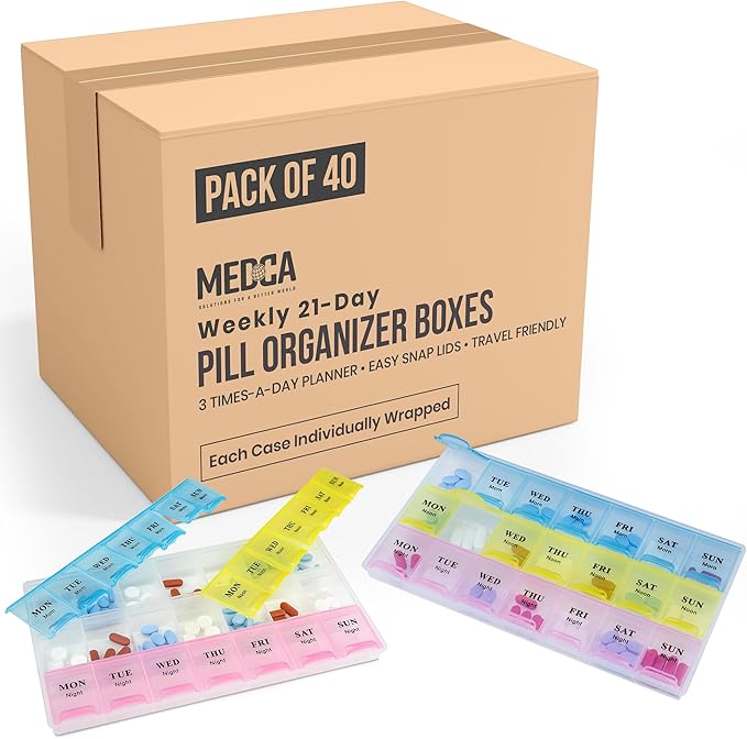 Weekly Pill Organizer - 21 Day Pill Planners for Pills Vitamins & Medication, 3 Times-a-Day Medication Reminder Boxes, Easy to Read & Travel Friendly (Case of 40pcs)