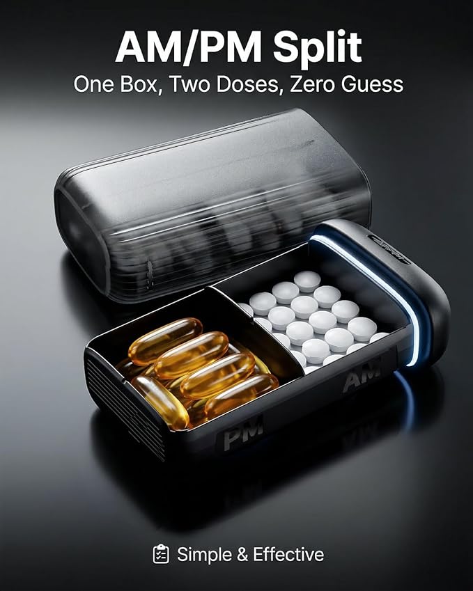 Betife Pill Organizer 2 Times a Day, AM PM Weekly 7 Day Large Pill Box, Travel Medicine Vitamin Holder Container for Daily Supplements (Black)