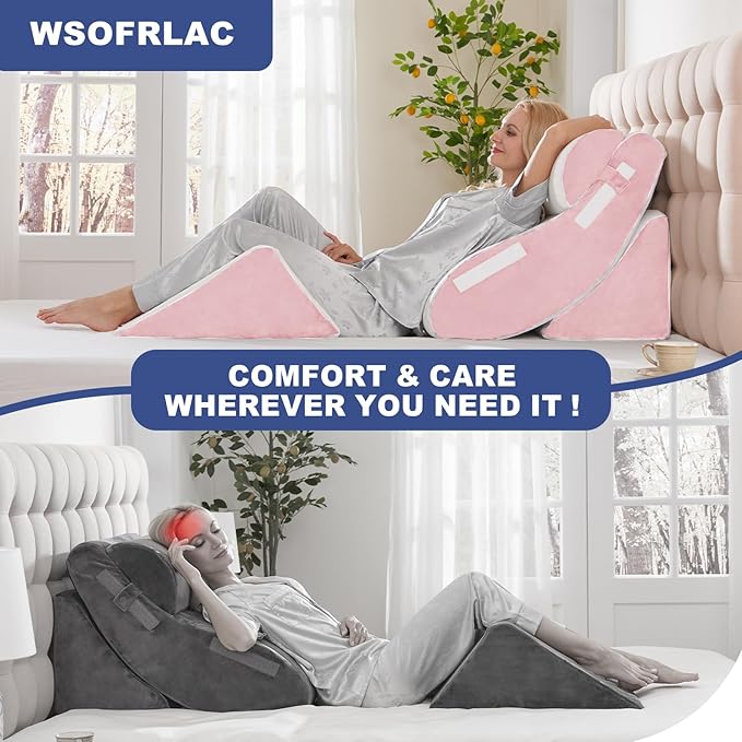 4PC Geriatric Wedge Pillow System - Elderly Bed Wedges for Sitting/Sleeping, Post Surgery Body Positioner with Non-Slip Base (Ideal for Seniors & Pregnancy), White Pink