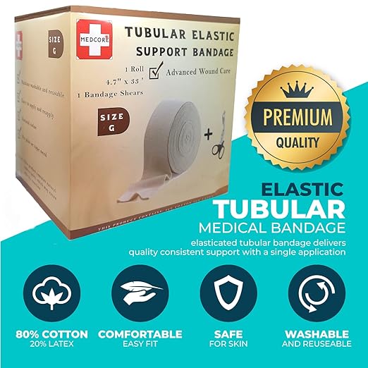 Tubular Compression Bandage Size G (4.7” x 33 ft) – Elastic Stockinette Support Sleeve for Large Thighs and Quads, Small Trunks – Cut-to-Fit, Washable Reusable, No Pins/Tape – Plus Medical Scissors