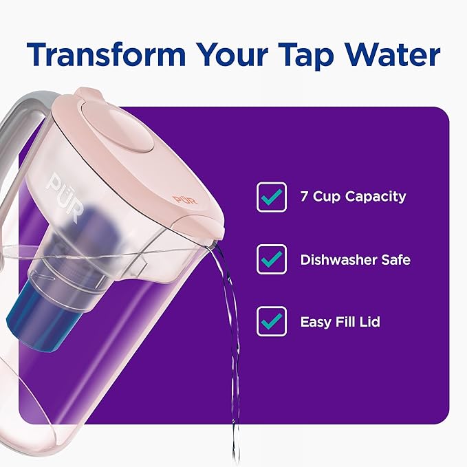 PUR 7-Cup Water Pitcher, 1 Genuine Filter, Cleaner, Great-Tasting Water, Dishwasher Safe, Powerful, Faster Filtration, LockFit Cap Design - Blush (Pack of 2)